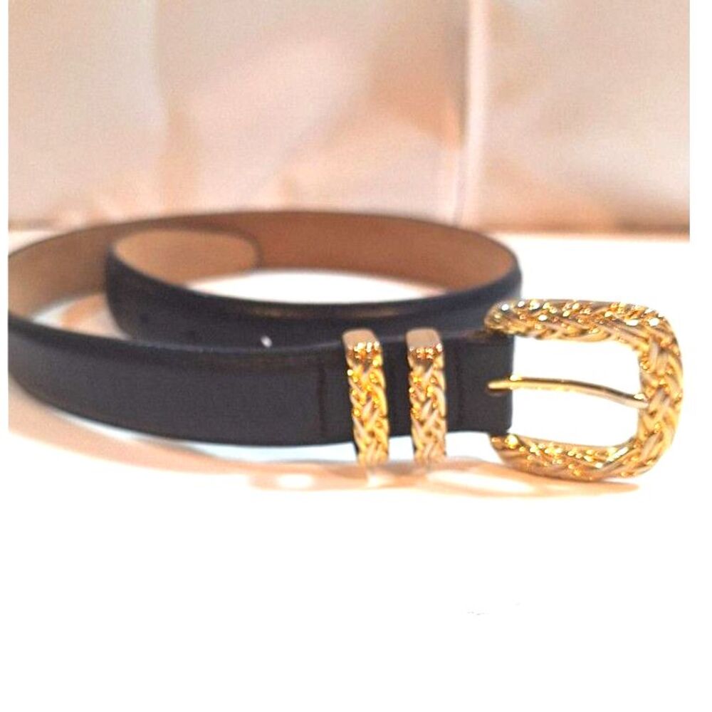 Brighton Womens Black Leather Belt Gold Braided Buckle Made USA M 45414